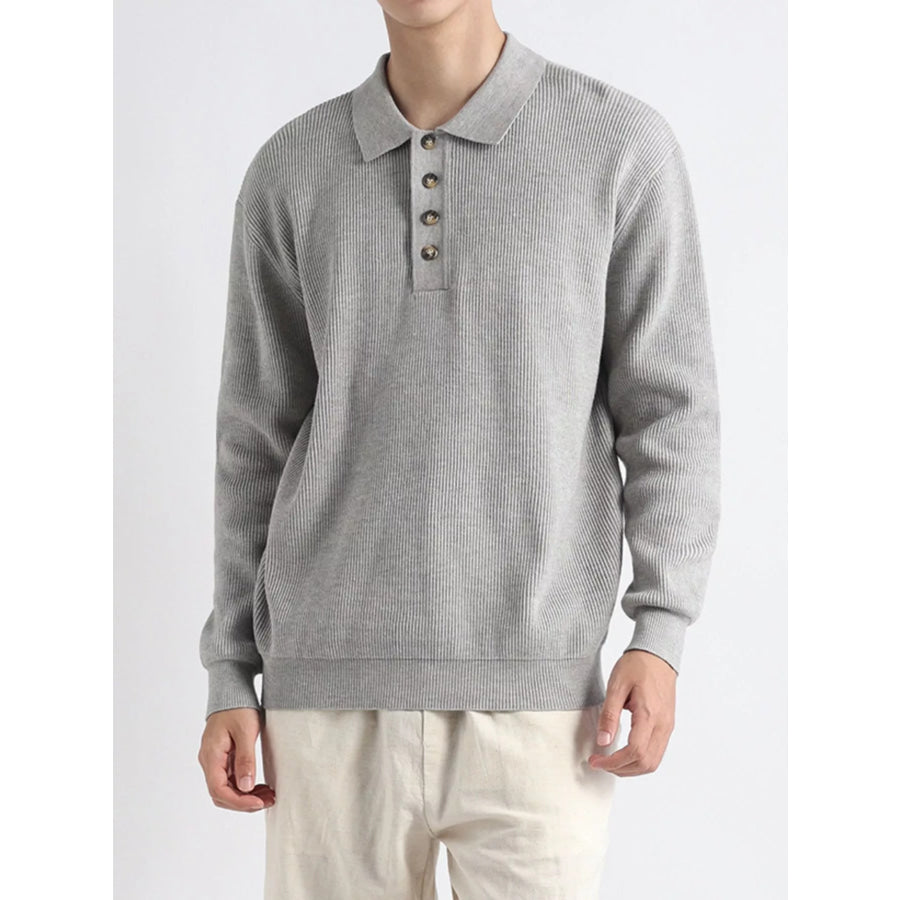 Men’s Plus Size Ribbed Knit Polo Collar Sweater Light Gray / M Apparel and Accessories