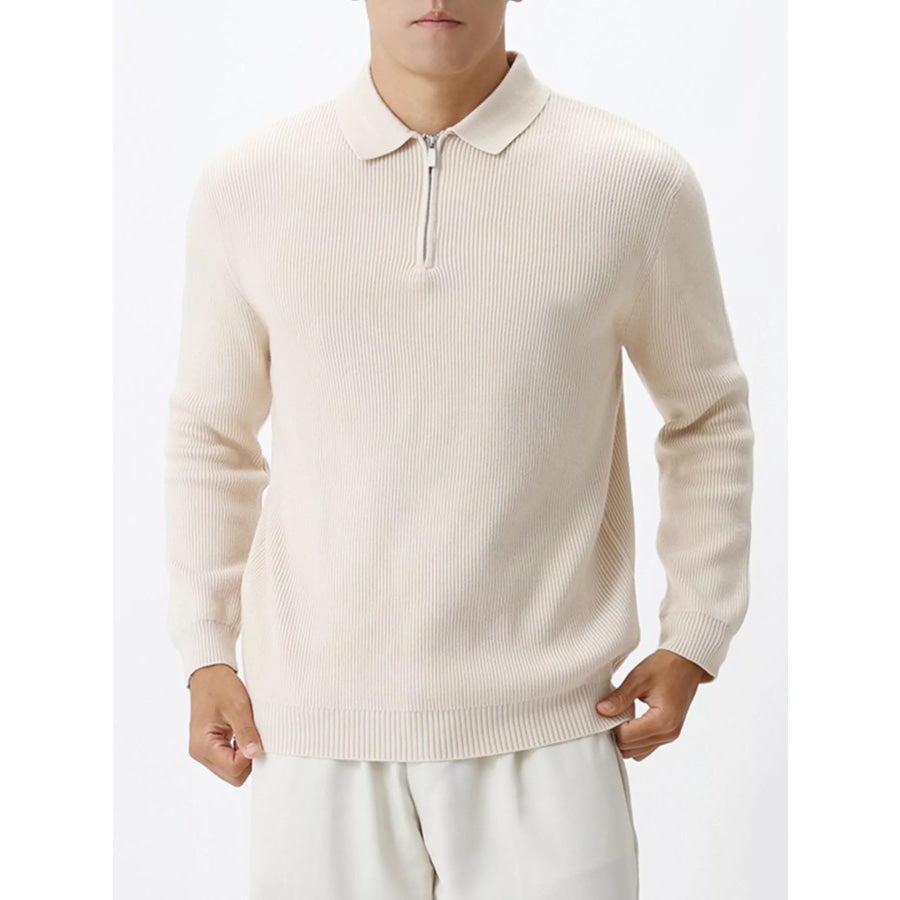 Men’s Plus Size Ribbed Knit Quarter-Zip Sweater White Apricot / M Apparel and Accessories