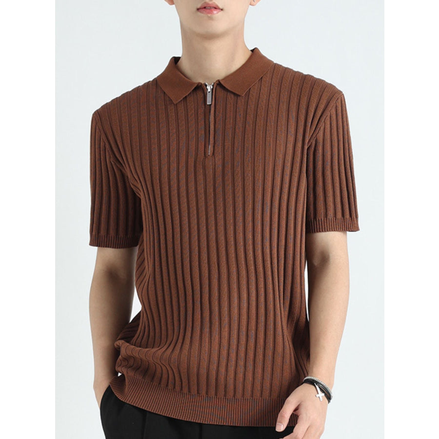 Men’s Plus Size Ribbed Knit Short Sleeve Polo Brown / M Apparel and Accessories