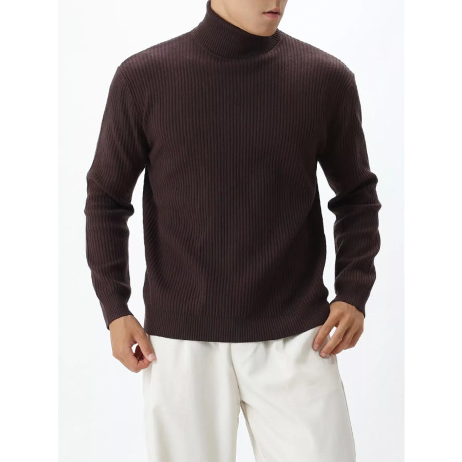 Men’s Plus Size Ribbed Knit Turtleneck Sweater Brown / M Apparel and Accessories