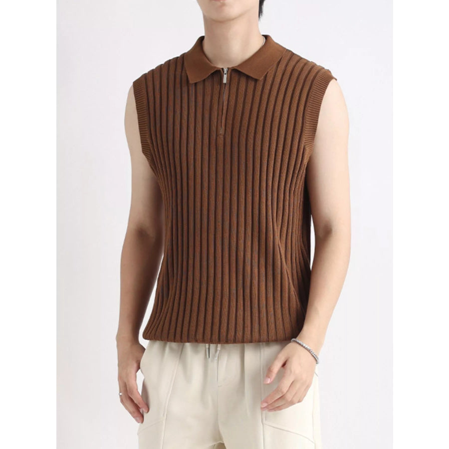 Men’s Plus Size Ribbed Knit Zip-Up Tank Brown / M Apparel and Accessories