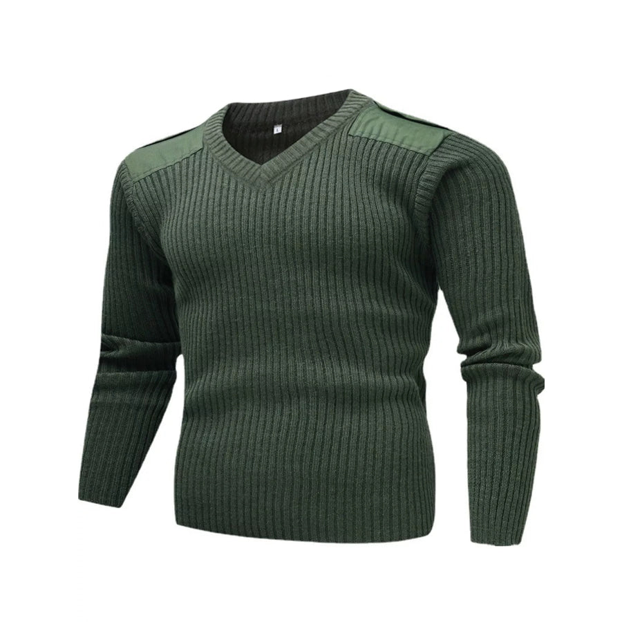 Men’s Plus Size Ribbed V-Neck Sweater Army Green-V-Neck / M Apparel and Accessories