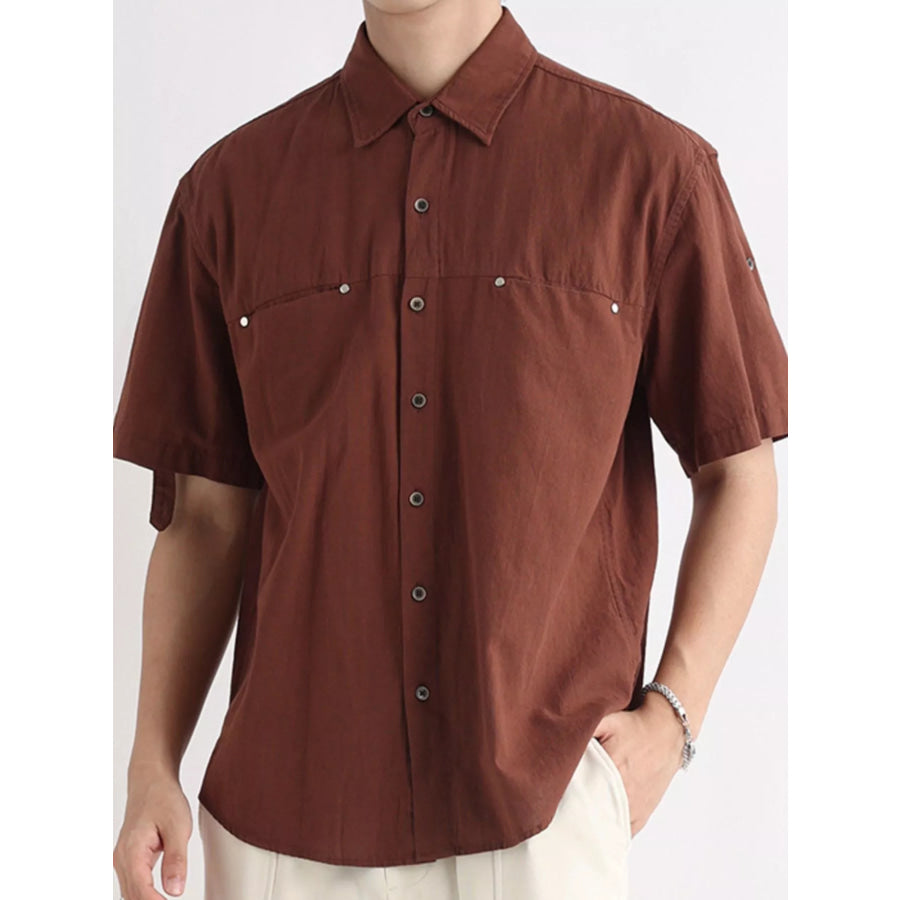 Men’s Plus Size Short Sleeve Button-Down Shirt Brown / M Apparel and Accessories