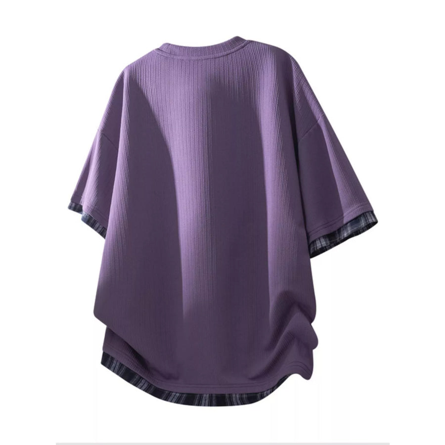 Men’s Plus Size Short Sleeve Round Neck Plaid Trim T-Shirt Apparel and Accessories