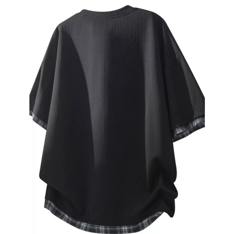 Men’s Plus Size Short Sleeve Round Neck Plaid Trim T-Shirt Apparel and Accessories