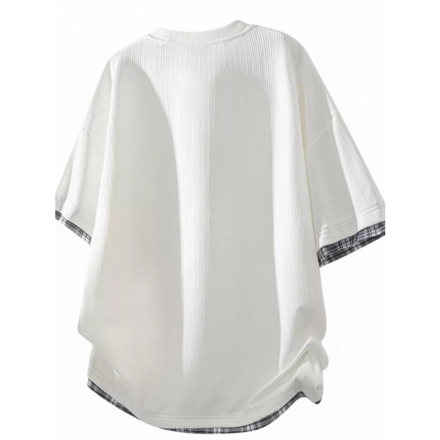 Men’s Plus Size Short Sleeve Round Neck Plaid Trim T-Shirt Apparel and Accessories