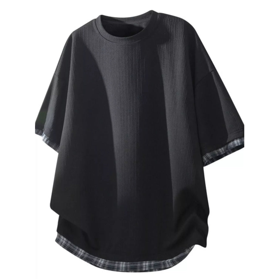 Men’s Plus Size Short Sleeve Round Neck Plaid Trim T-Shirt Black / M Apparel and Accessories