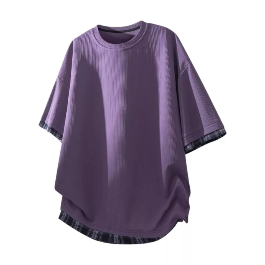 Men’s Plus Size Short Sleeve Round Neck Plaid Trim T-Shirt Purple / M Apparel and Accessories