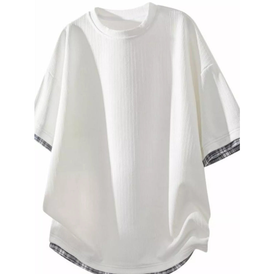 Men’s Plus Size Short Sleeve Round Neck Plaid Trim T-Shirt White / M Apparel and Accessories