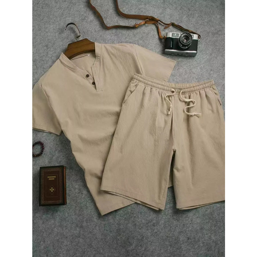 Men’s Plus Size Short Sleeve Top and Shorts Set Khaki / M Apparel and Accessories