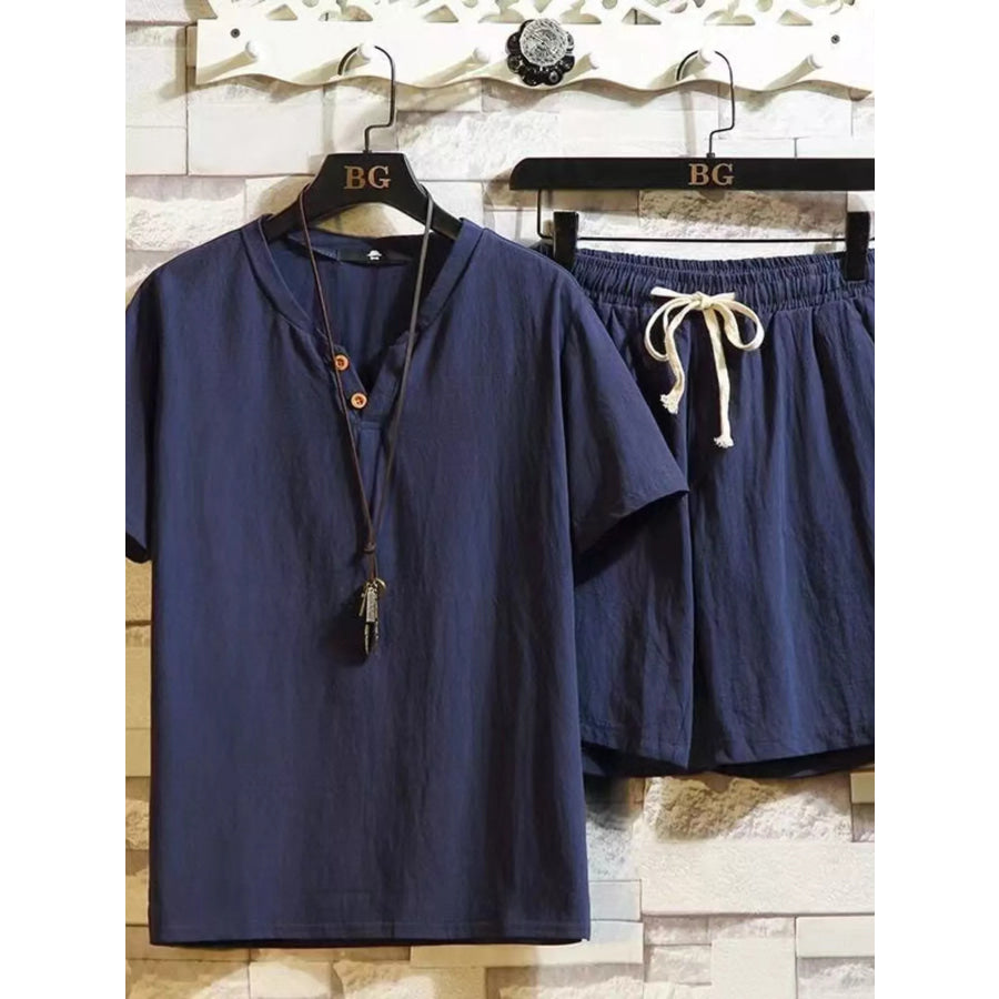 Men’s Plus Size Short Sleeve Top and Shorts Set Navy Blue / M Apparel and Accessories