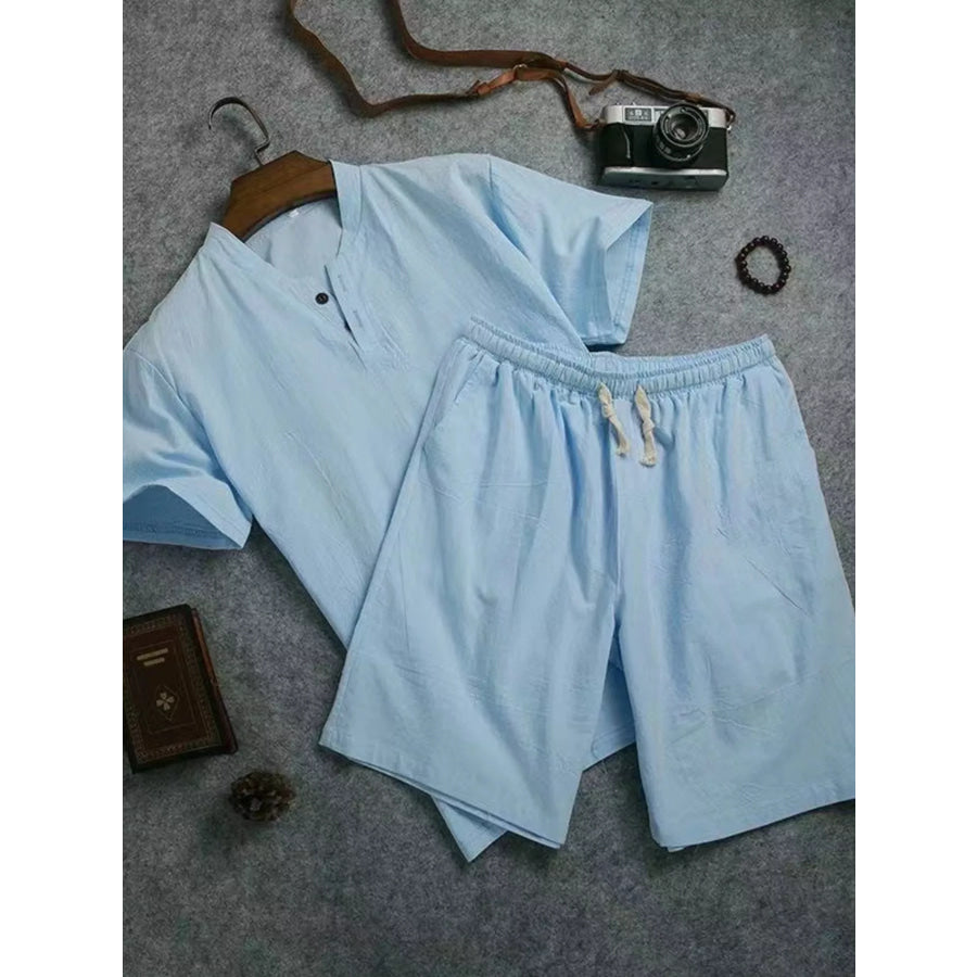 Men’s Plus Size Short Sleeve Top and Shorts Set Sky Blue / M Apparel and Accessories
