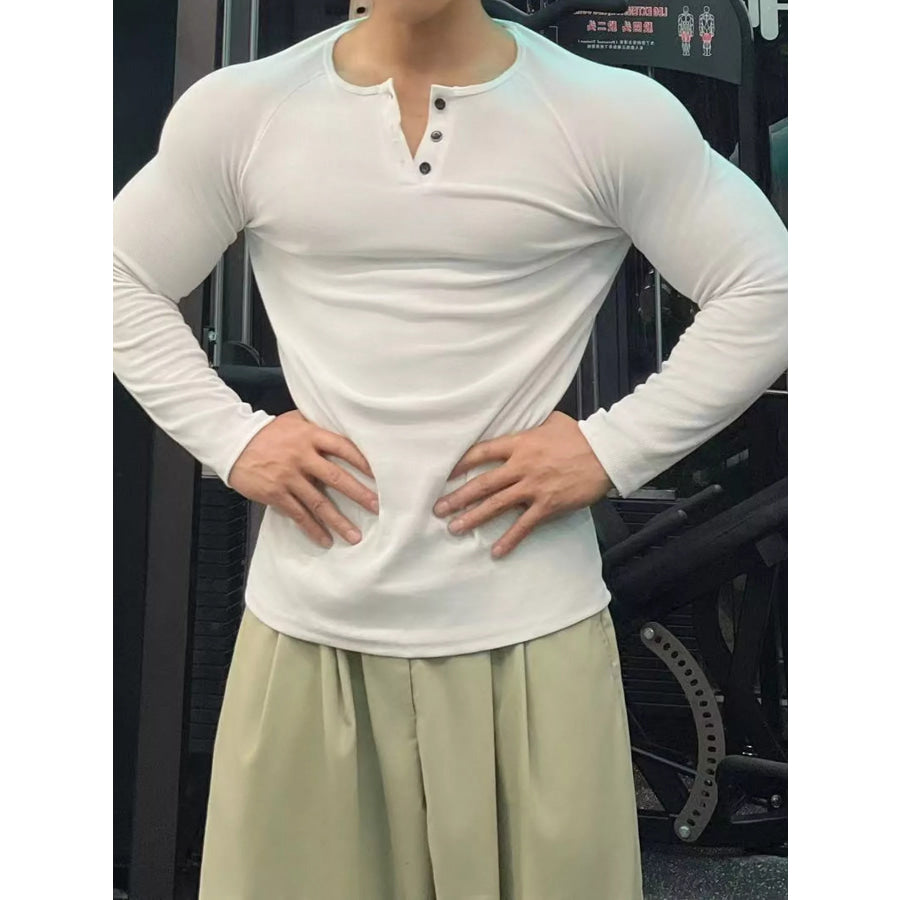 Men’s Plus Size Slim Fit Long Sleeve Henley T-Shirt White / M Apparel and Accessories