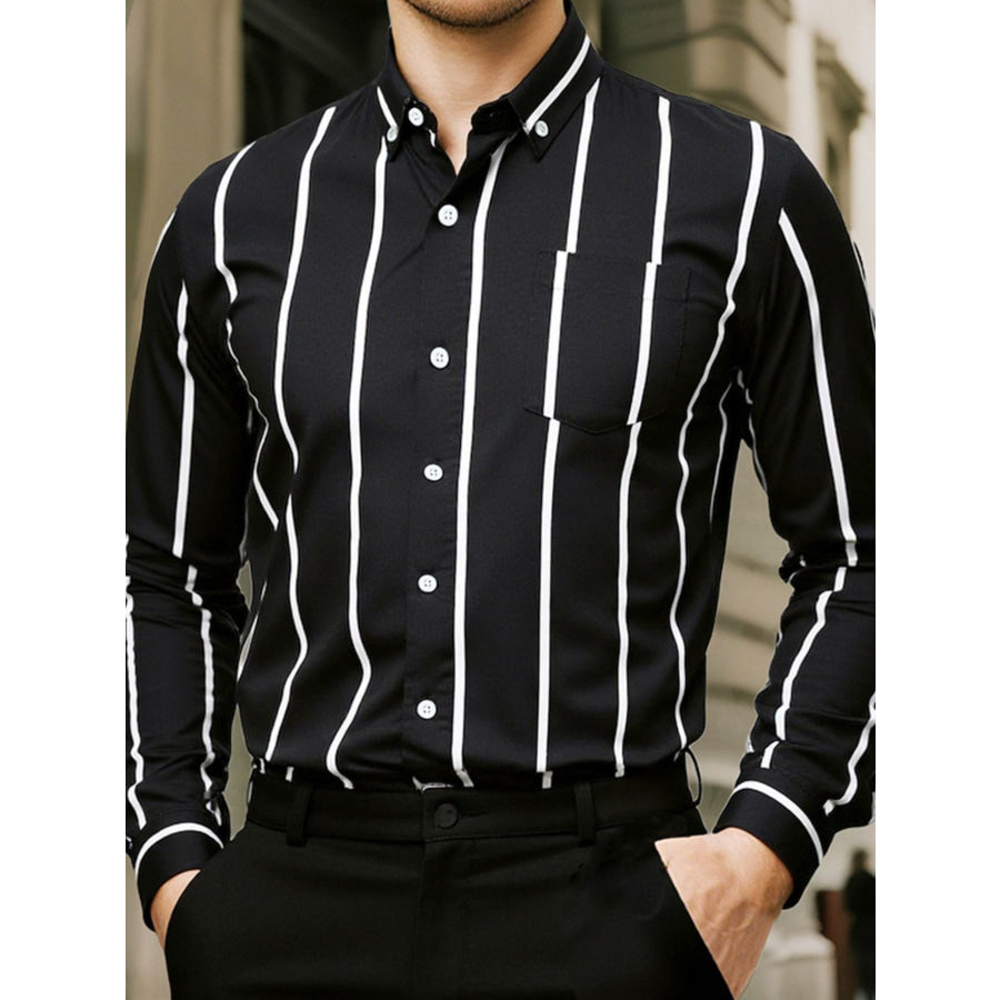 Men’s Plus Size Slim Fit Striped Button Up Shirt Black / M Apparel and Accessories