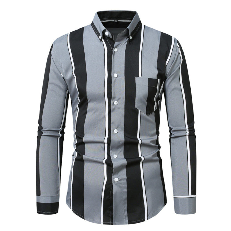 Men’s Plus Size Slim Fit Striped Button Up Shirt Dark Gray / M Apparel and Accessories