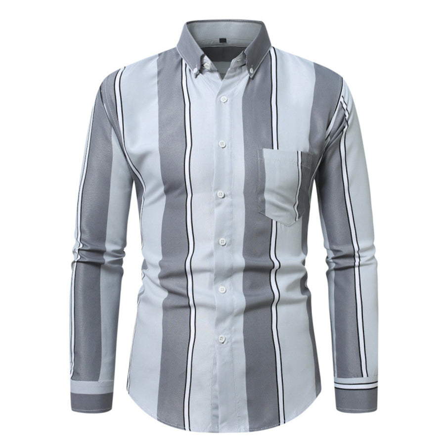 Men’s Plus Size Slim Fit Striped Button Up Shirt Light Gray / M Apparel and Accessories