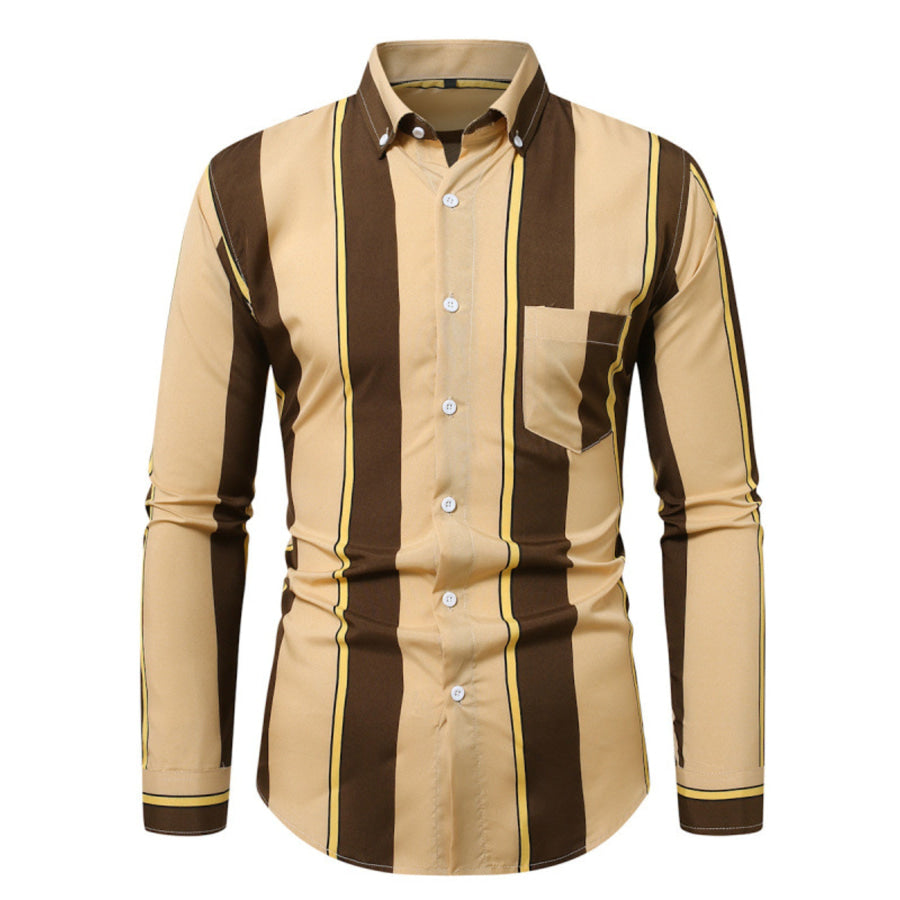 Men’s Plus Size Slim Fit Striped Button Up Shirt Mustard / M Apparel and Accessories