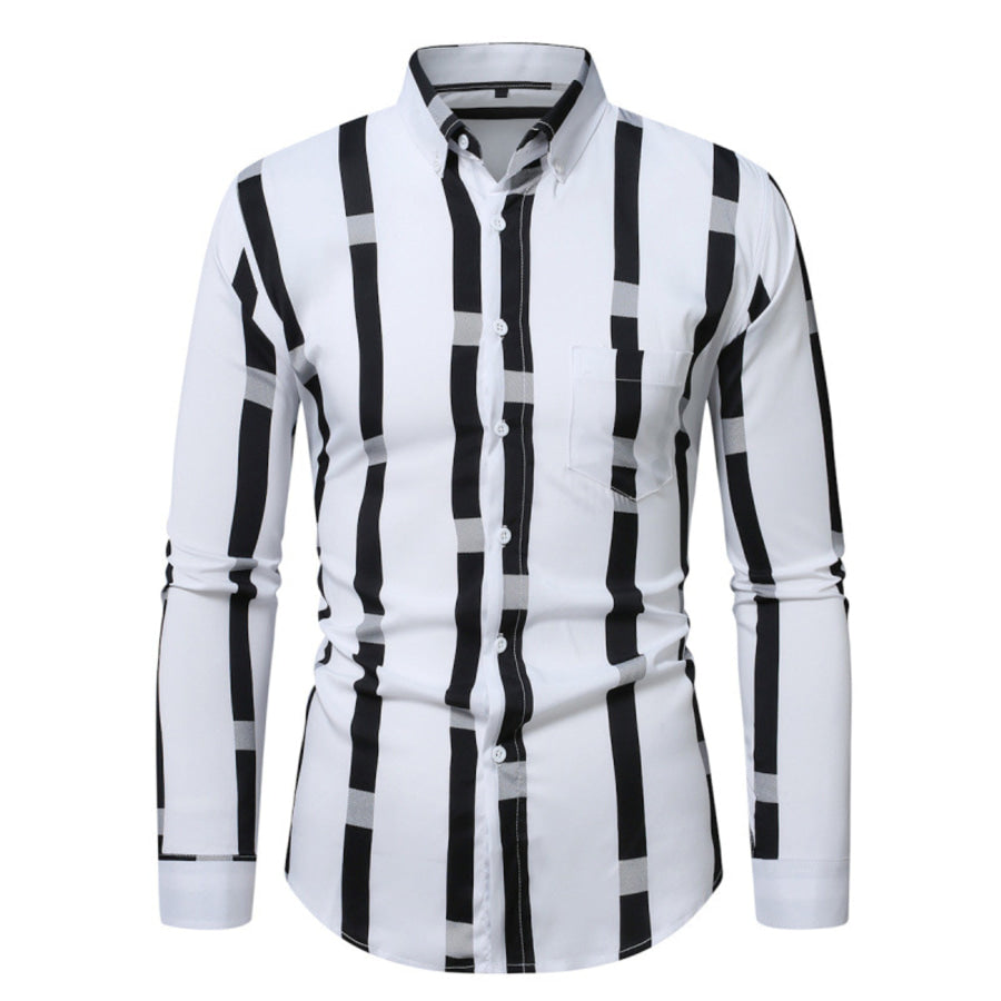 Men’s Plus Size Slim Fit Striped Button Up Shirt White / M Apparel and Accessories