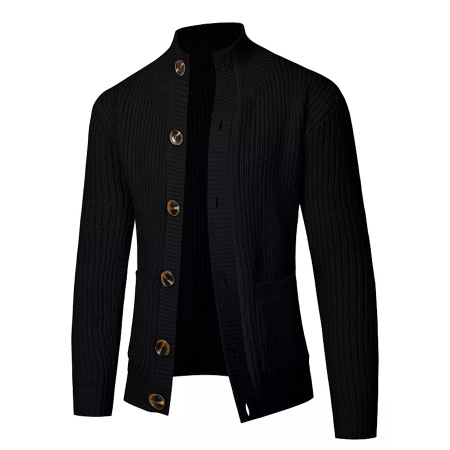 Men’s Plus Size Stand-Collar Ribbed Knit Button-Down Cardigan Black / M Apparel and Accessories