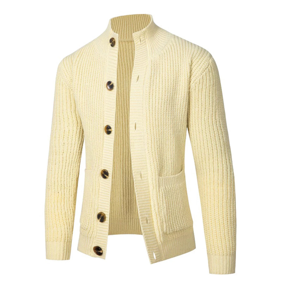 Men’s Plus Size Stand-Collar Ribbed Knit Button-Down Cardigan Pastel Yellow / M Apparel and Accessories
