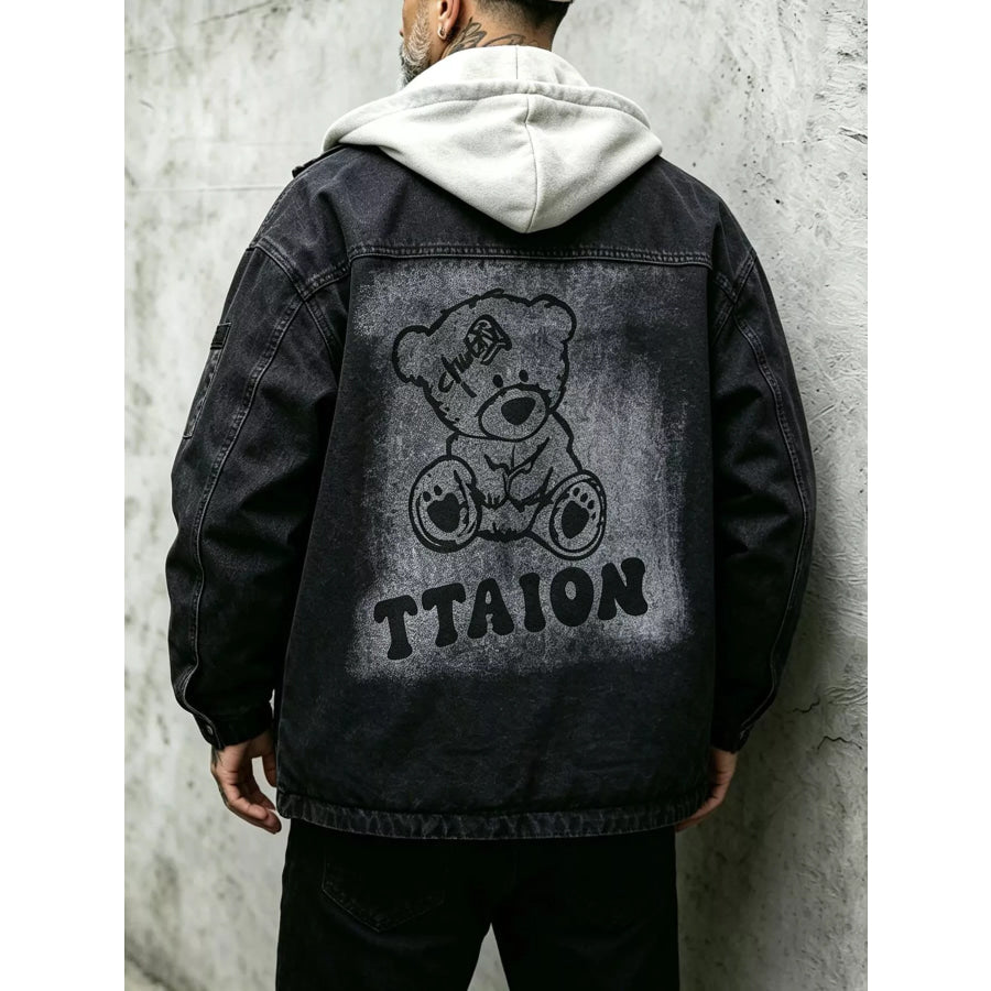 Men’s Plus Size Streetwear Washed Snap Down Denim Jacket with Detachable Hood Apparel and Accessories