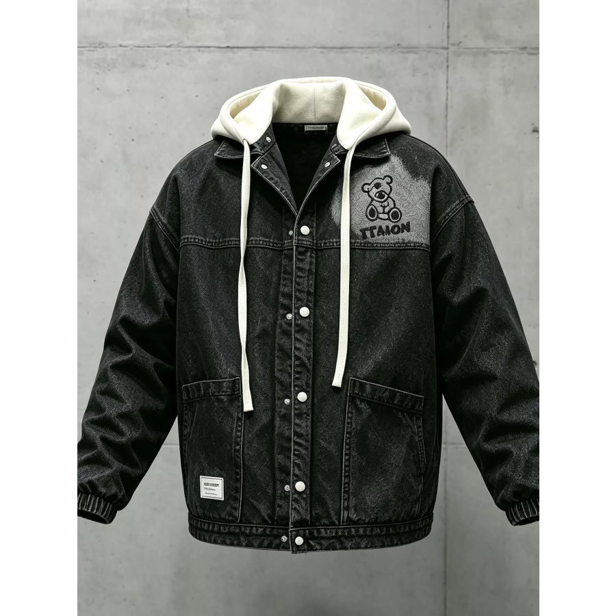 Men’s Plus Size Streetwear Washed Snap Down Denim Jacket with Detachable Hood Apparel and Accessories