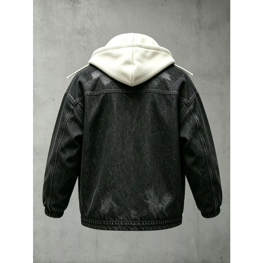 Men’s Plus Size Streetwear Washed Snap Down Denim Jacket with Detachable Hood Apparel and Accessories