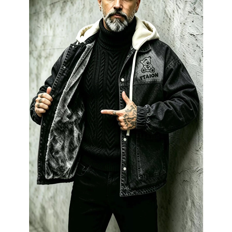 Men’s Plus Size Streetwear Washed Snap Down Denim Jacket with Detachable Hood Apparel and Accessories