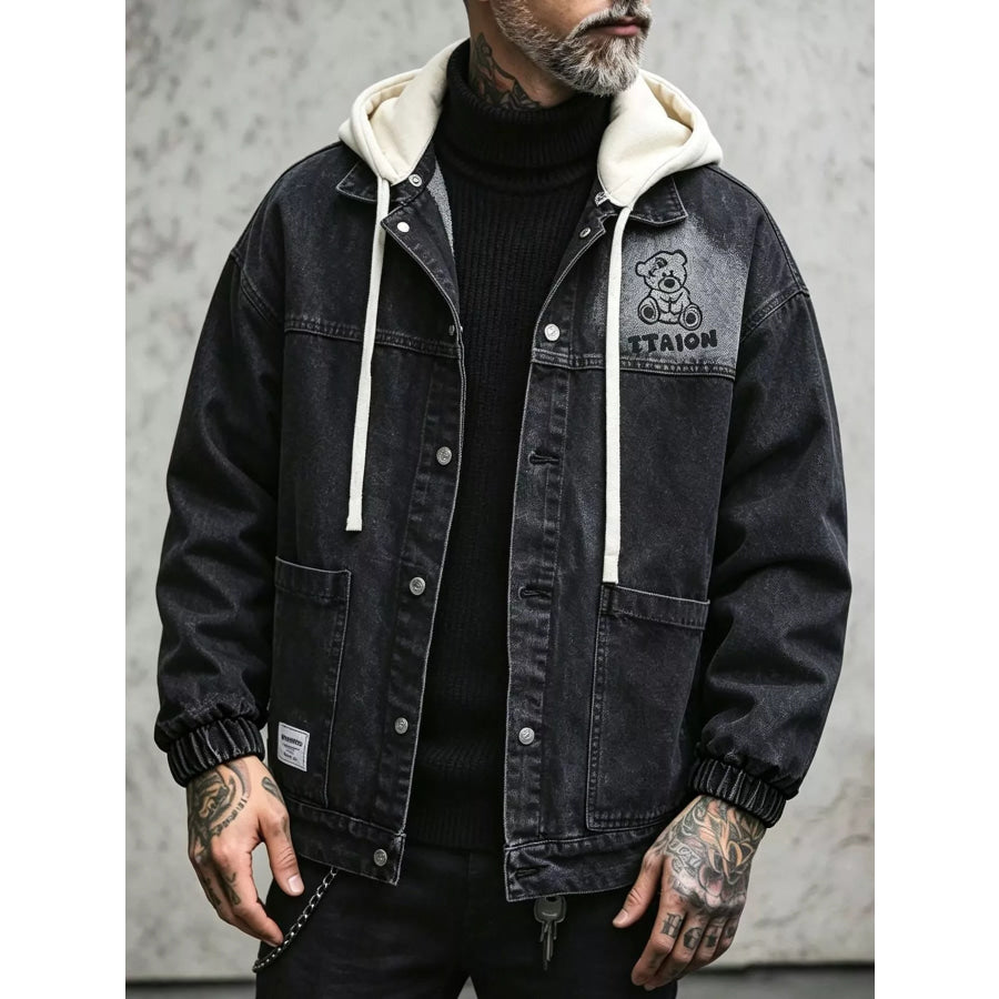 Men’s Plus Size Streetwear Washed Snap Down Denim Jacket with Detachable Hood Black / M Apparel and Accessories