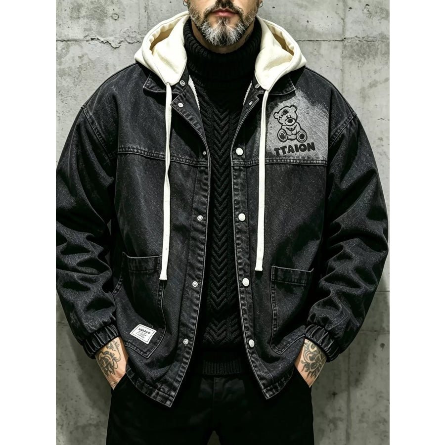 Men’s Plus Size Streetwear Washed Snap Down Denim Jacket with Detachable Hood Black / M Apparel and Accessories