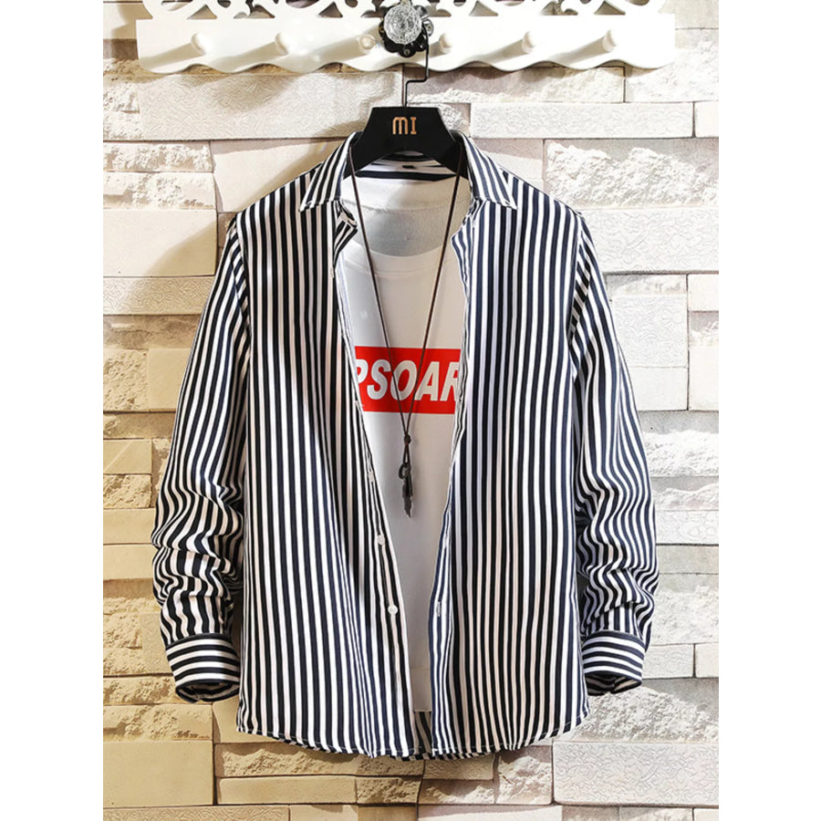 Men’s Plus Size Striped Button Up Casual Shirt Black / M Apparel and Accessories