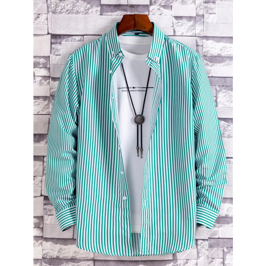 Men’s Plus Size Striped Button Up Casual Shirt Green / M Apparel and Accessories