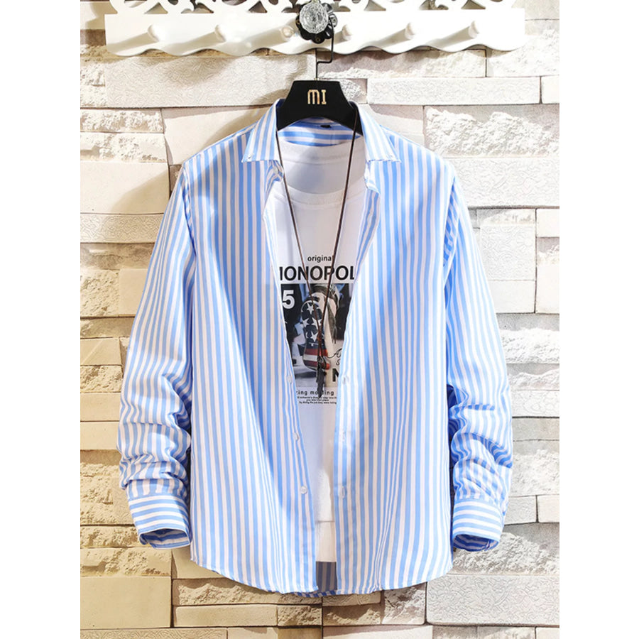 Men’s Plus Size Striped Button Up Casual Shirt Light Blue / M Apparel and Accessories