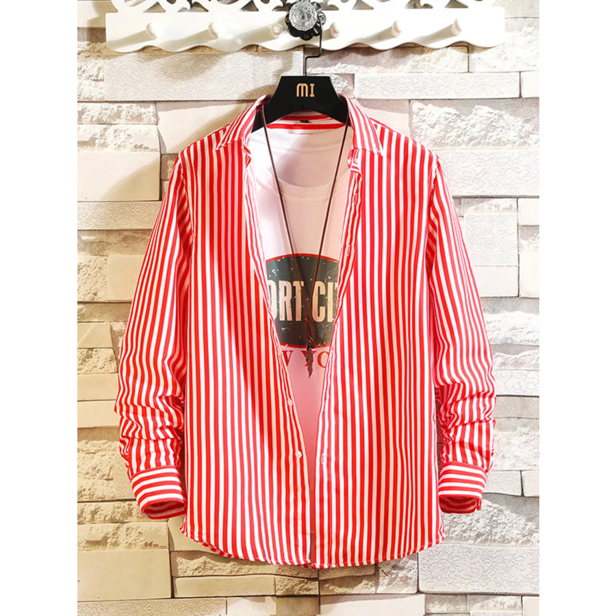 Men’s Plus Size Striped Button Up Casual Shirt Red / M Apparel and Accessories