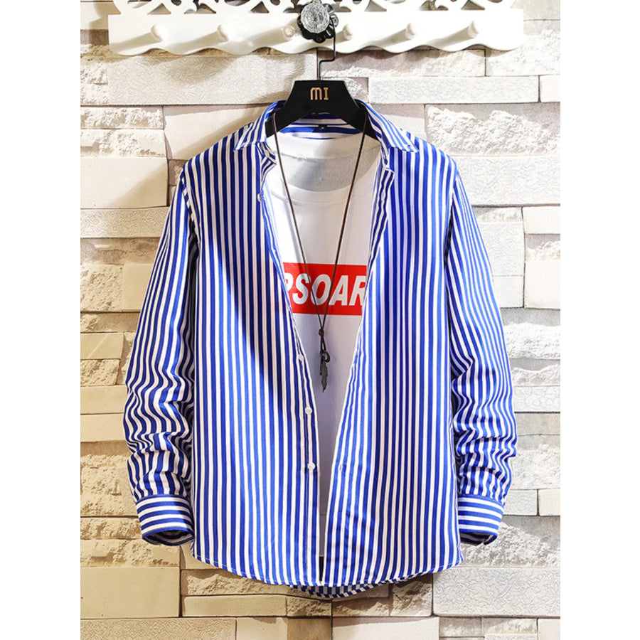 Men’s Plus Size Striped Button Up Casual Shirt Royal Blue / M Apparel and Accessories