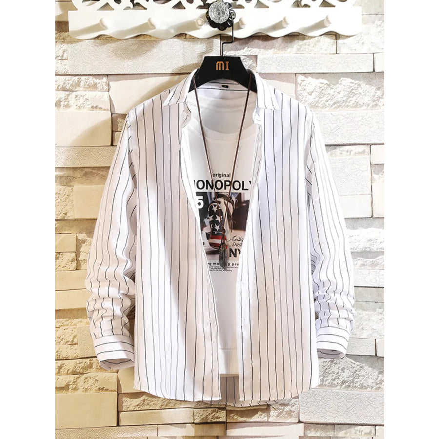 Men’s Plus Size Striped Button Up Casual Shirt White / M Apparel and Accessories
