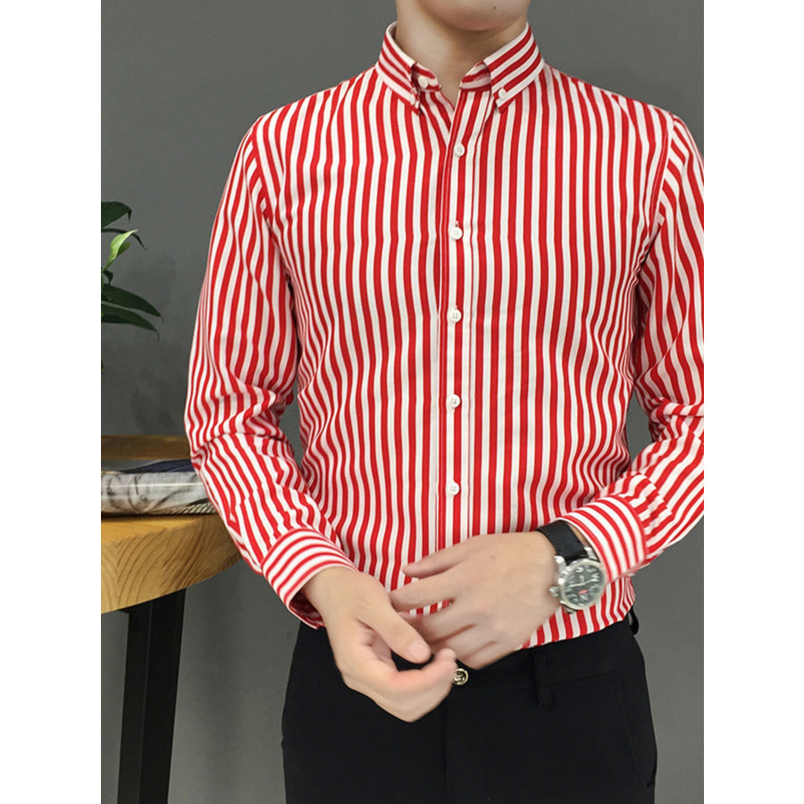 Men’s Plus Size Striped Button Up Long Sleeve Shirt Apparel and Accessories