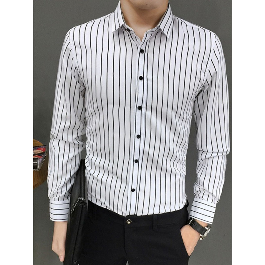 Men’s Plus Size Striped Button Up Long Sleeve Shirt Black And White / M Apparel and Accessories