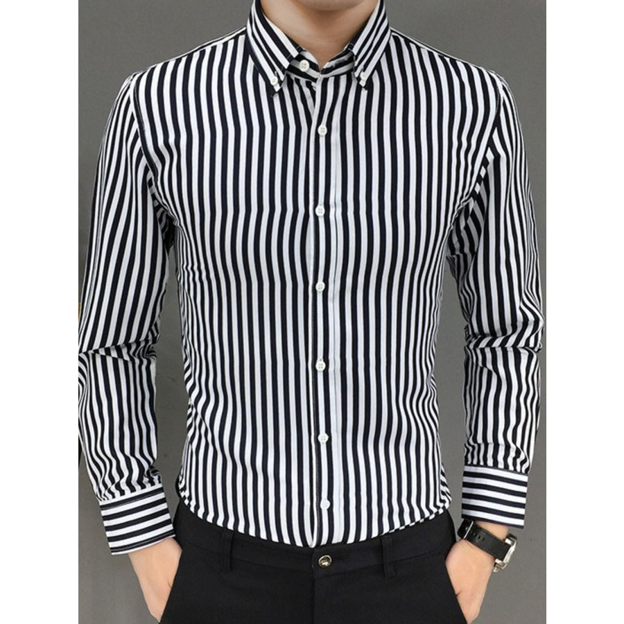 Men’s Plus Size Striped Button Up Long Sleeve Shirt Black / M Apparel and Accessories