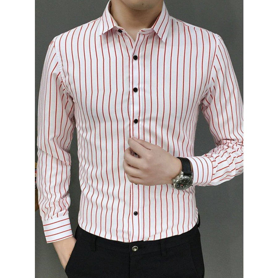 Men’s Plus Size Striped Button Up Long Sleeve Shirt Black Red / M Apparel and Accessories