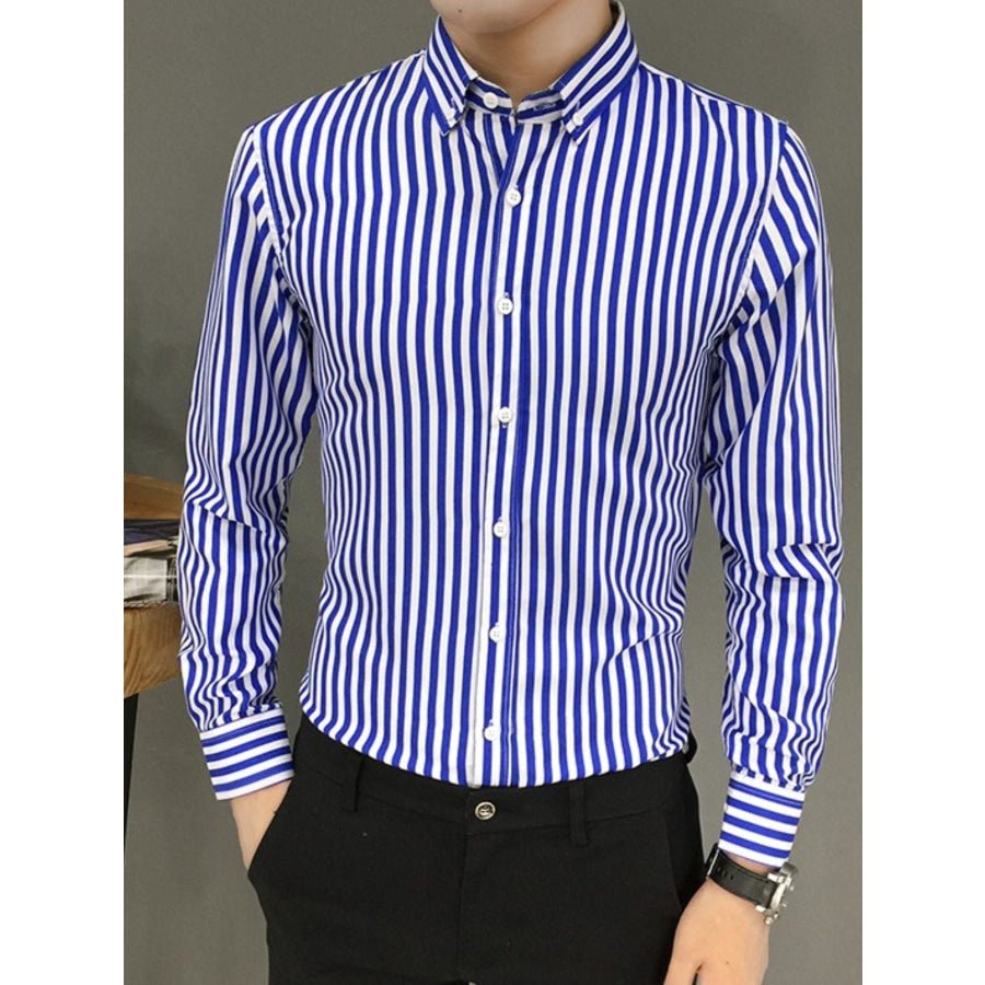 Men’s Plus Size Striped Button Up Long Sleeve Shirt Lake Blue / M Apparel and Accessories