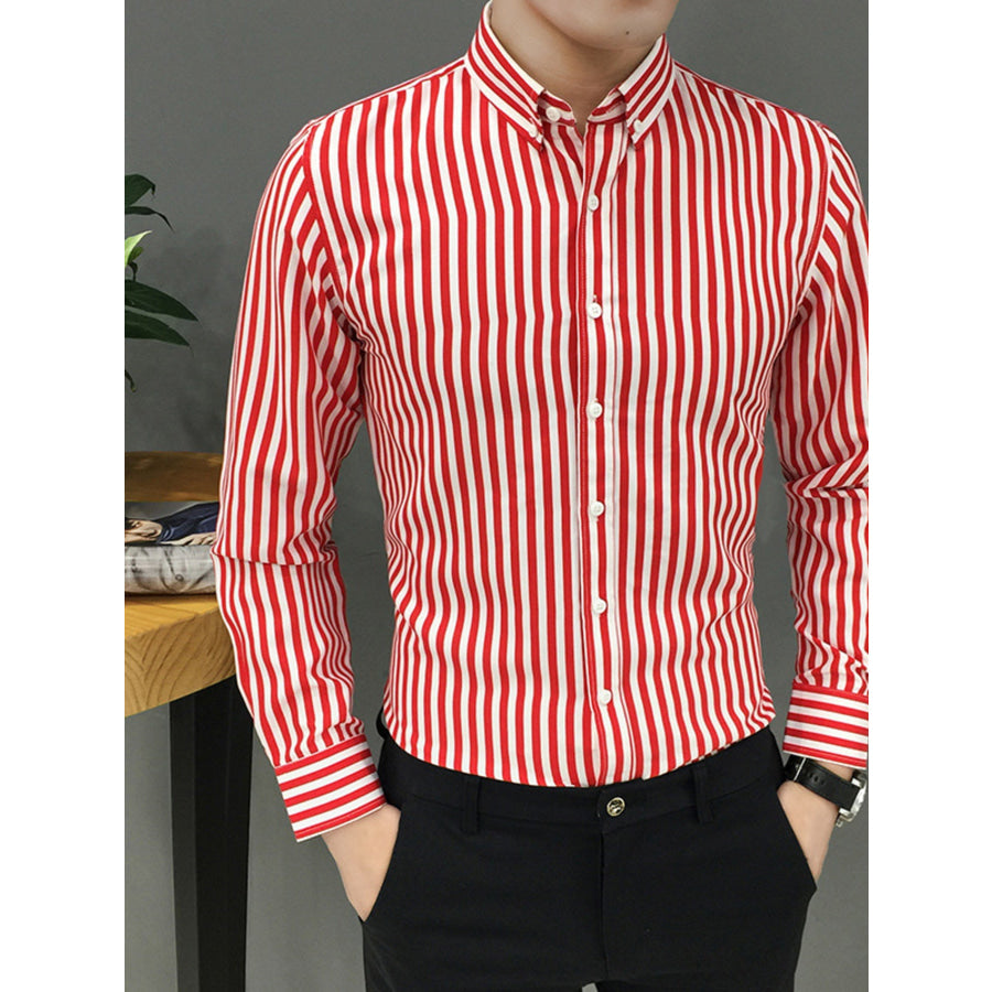 Men’s Plus Size Striped Button Up Long Sleeve Shirt Red / M Apparel and Accessories