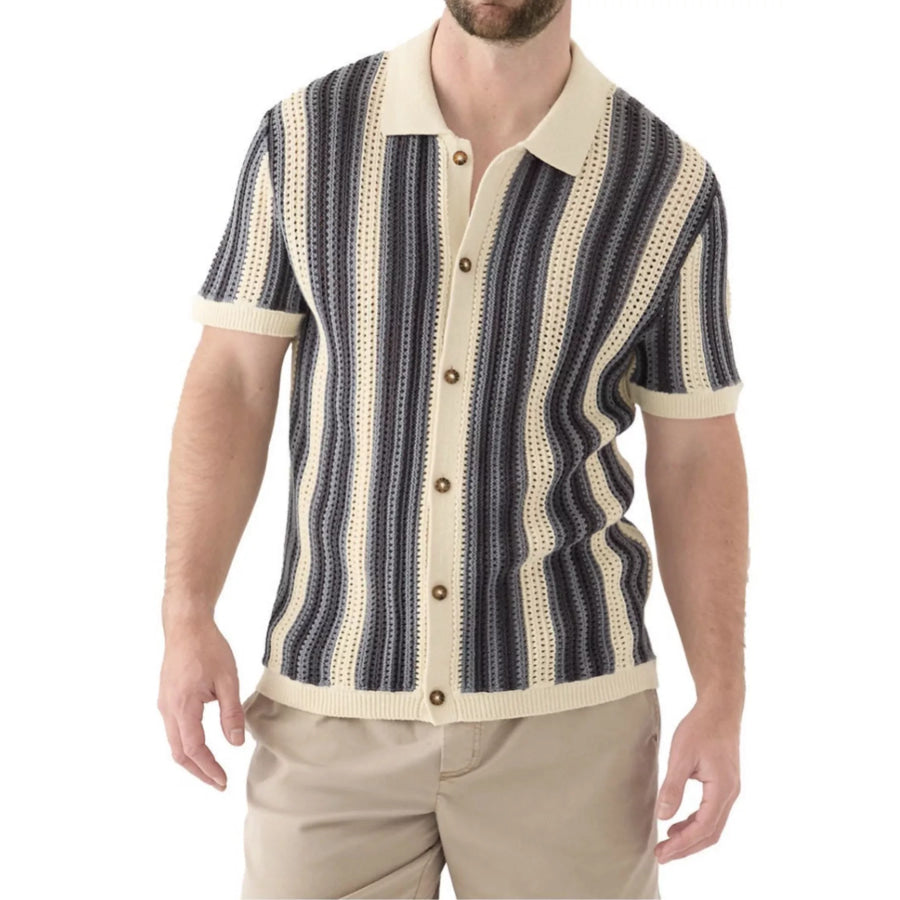 Men’s Plus Size Striped Button Up Short Sleeve Cardigan Blue / M Apparel and Accessories