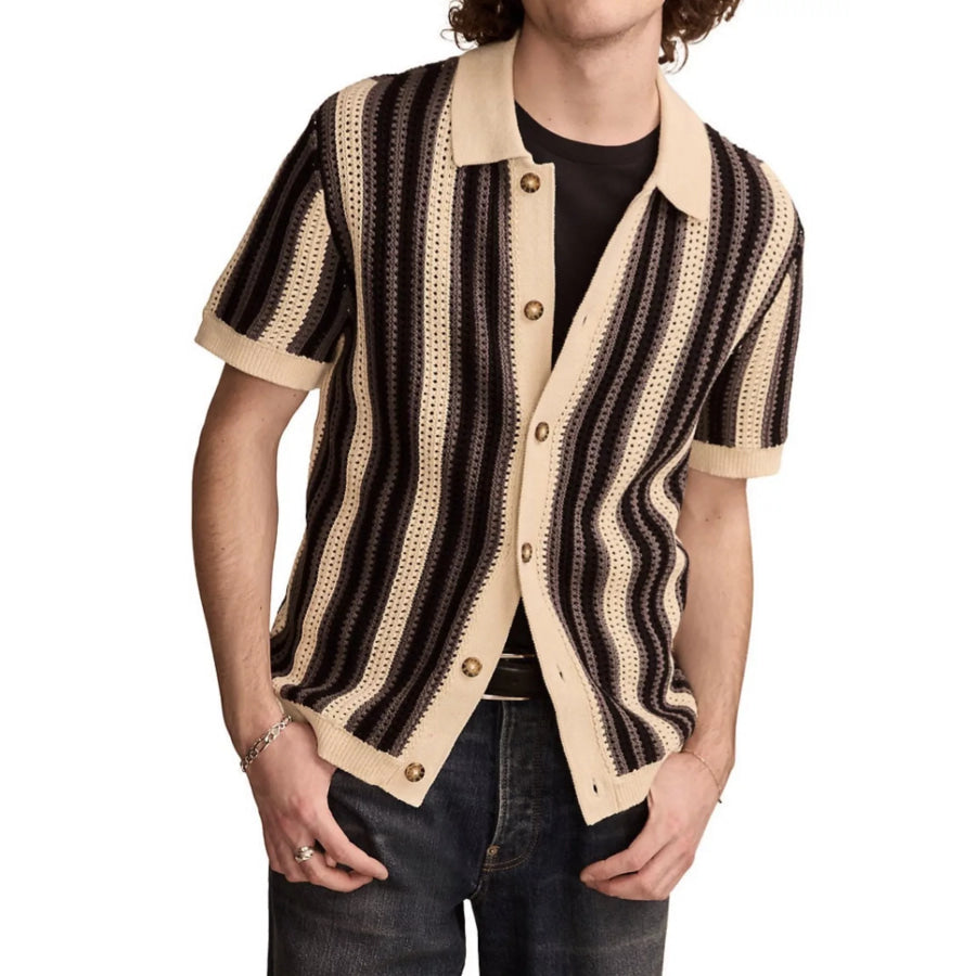 Men’s Plus Size Striped Button Up Short Sleeve Cardigan Brown / M Apparel and Accessories