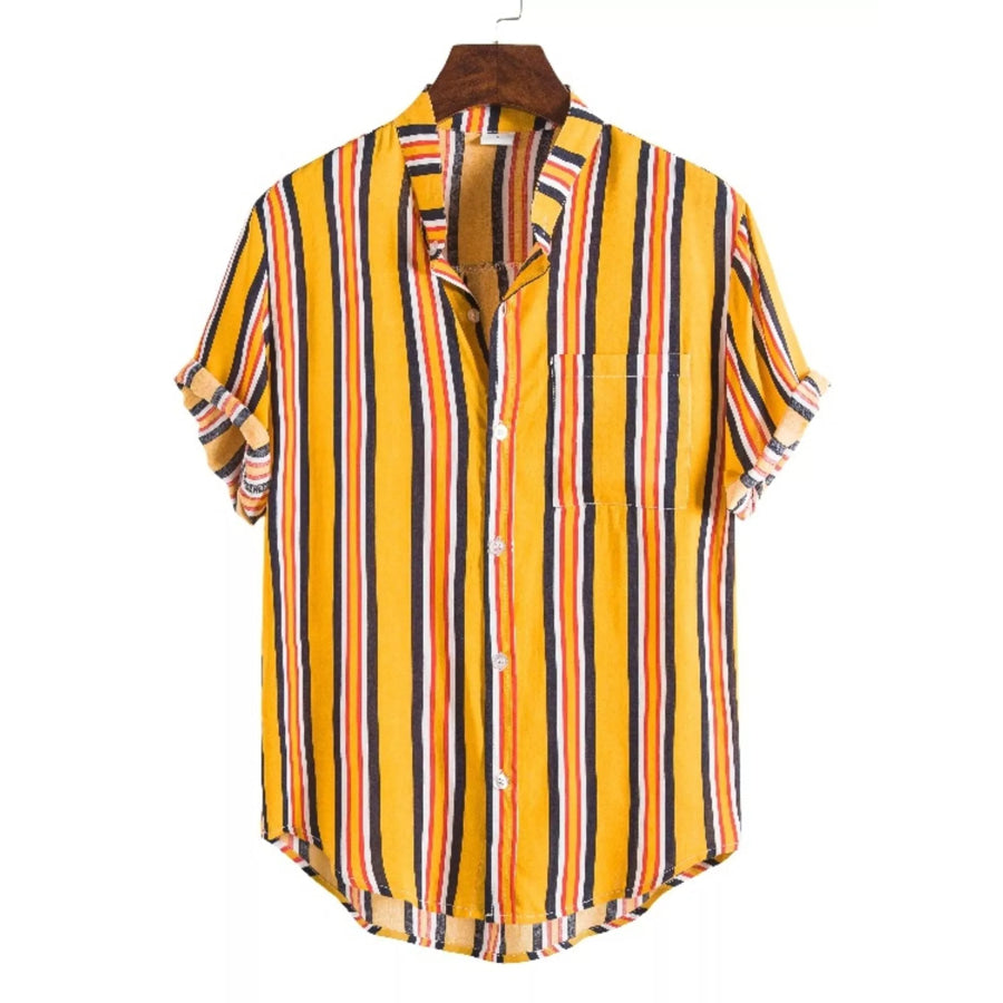 Men’s Plus Size Striped Button Up Short Sleeve Shirt Gold / M Apparel and Accessories