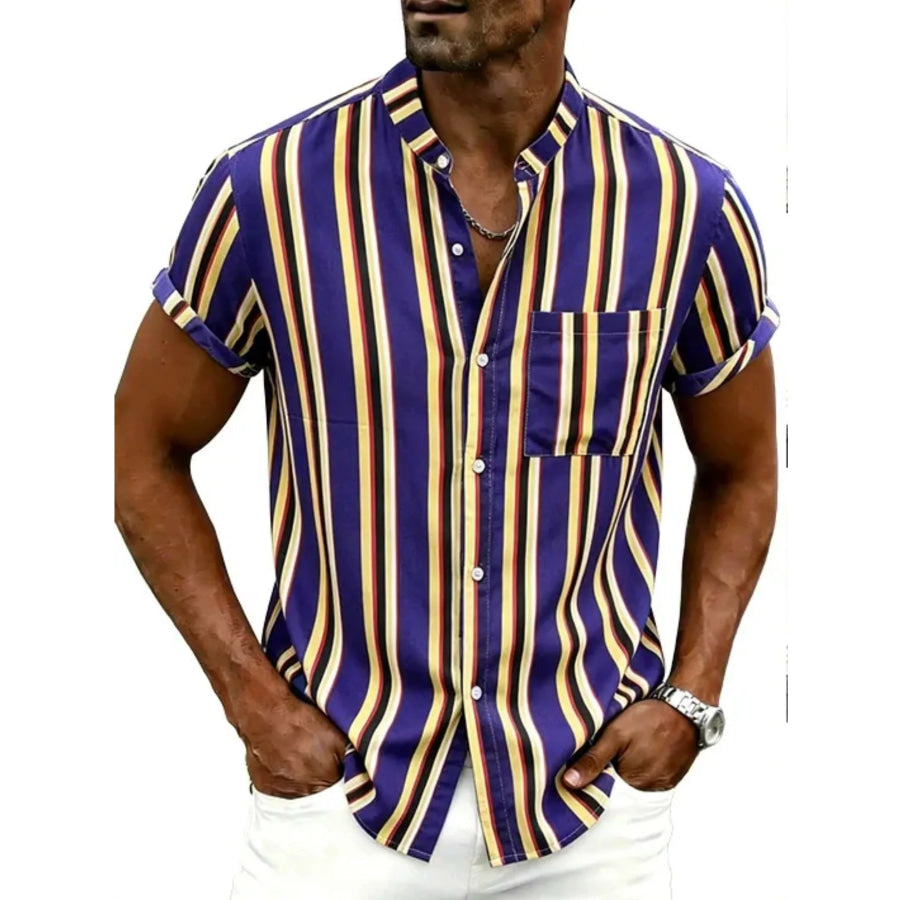 Men’s Plus Size Striped Button Up Short Sleeve Shirt Navy / M Apparel and Accessories