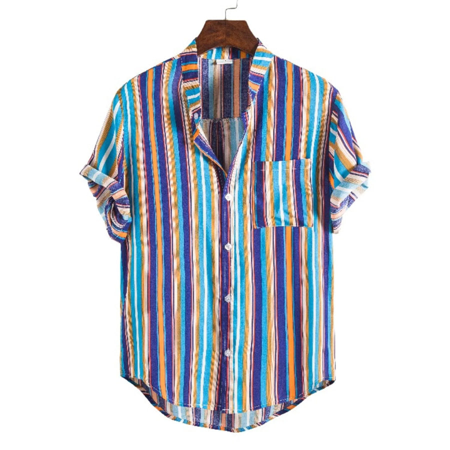Men’s Plus Size Striped Button Up Short Sleeve Shirt Pastel Blue / M Apparel and Accessories