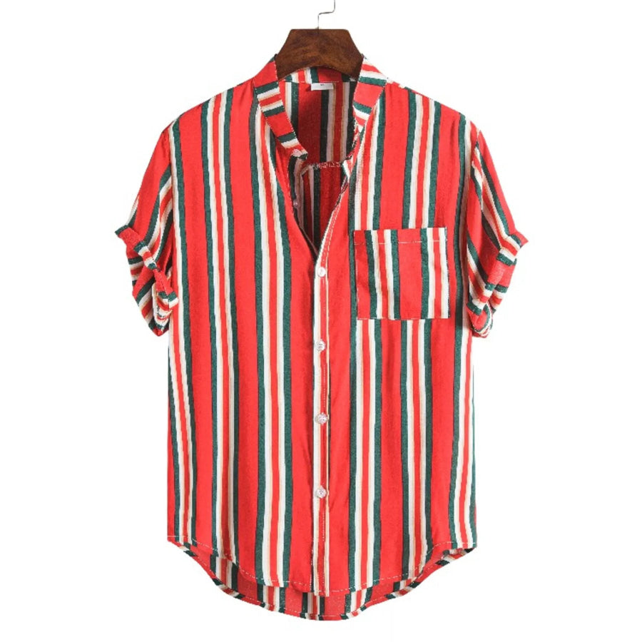 Men’s Plus Size Striped Button Up Short Sleeve Shirt Red / M Apparel and Accessories