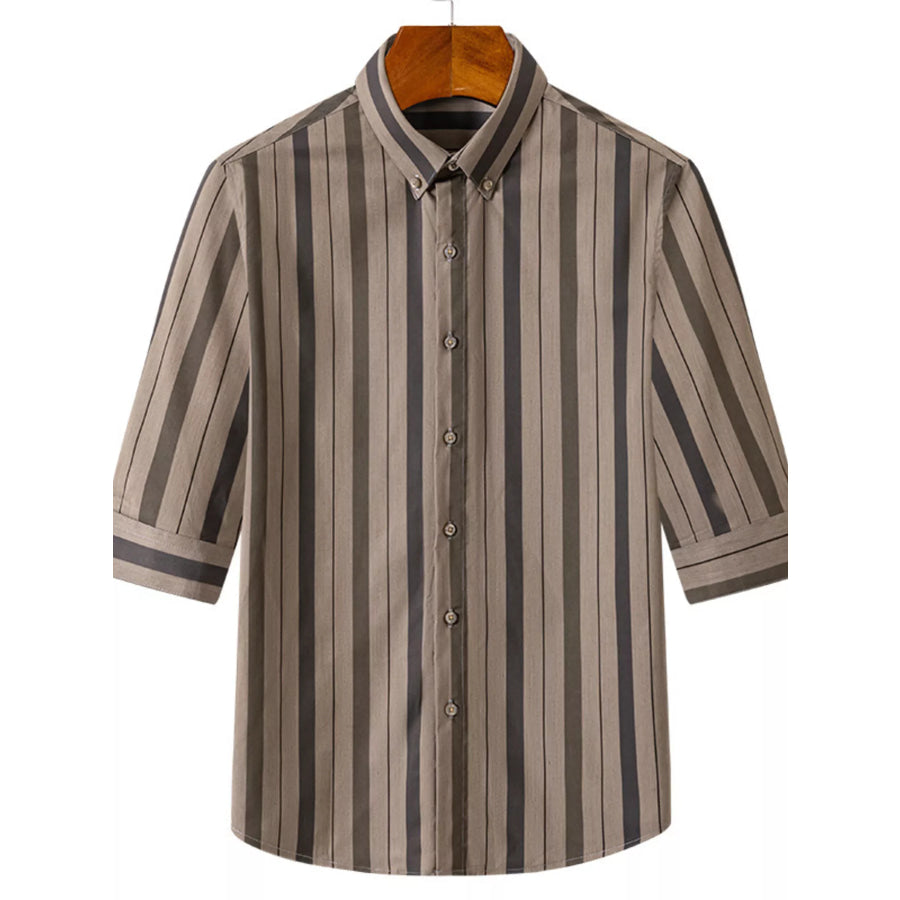 Men’s Plus Size Striped Casual Half Sleeve Shirt Khaki / M Apparel and Accessories