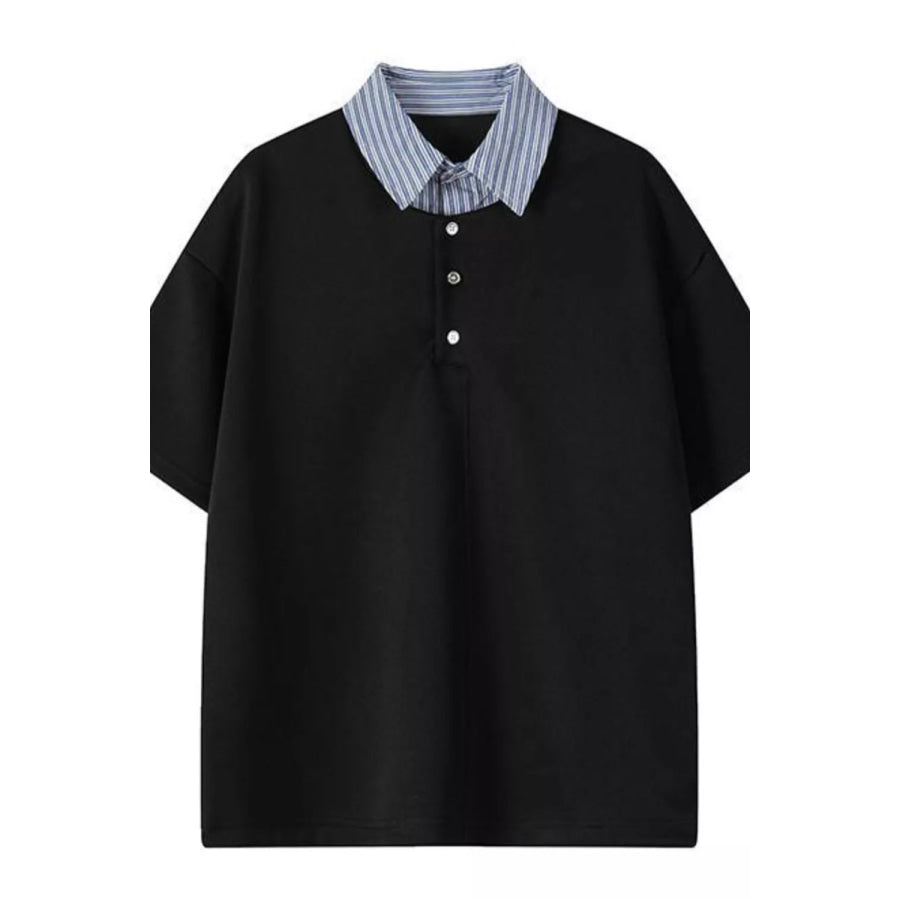 Men’s Plus Size Striped Collar Relaxed Fit Polo Black / M Apparel and Accessories